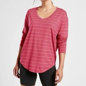 Athleta Cloudlight Stratus Long Sleeve Tee Pink Red Stripe in Dragonfruit Medium